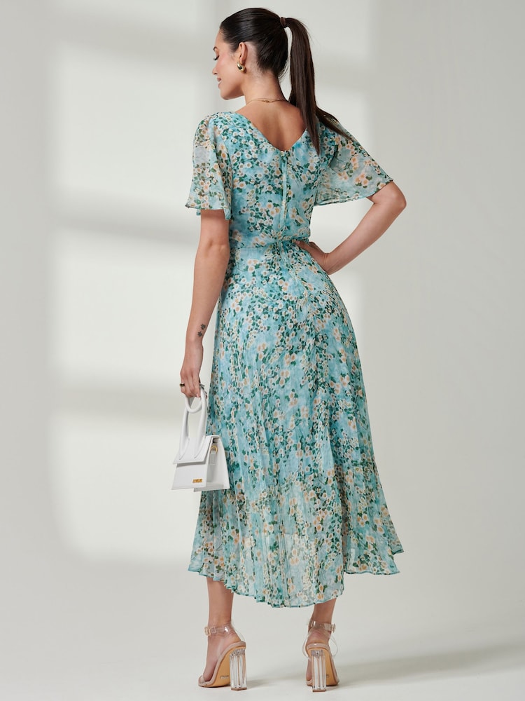 Jolie Moi Blue Floral Ditsy Pleated Dip Hem Chiffon Maxi Dress - Image 2 of 6