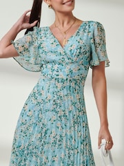 Jolie Moi Blue Floral Ditsy Pleated Dip Hem Chiffon Maxi Dress - Image 3 of 6