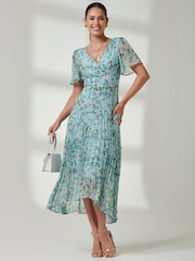 Jolie Moi Blue Floral Ditsy Pleated Dip Hem Chiffon Maxi Dress - Image 4 of 6