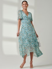 Jolie Moi Blue Floral Ditsy Pleated Dip Hem Chiffon Maxi Dress - Image 5 of 6