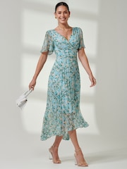 Jolie Moi Blue Floral Ditsy Pleated Dip Hem Chiffon Maxi Dress - Image 6 of 6