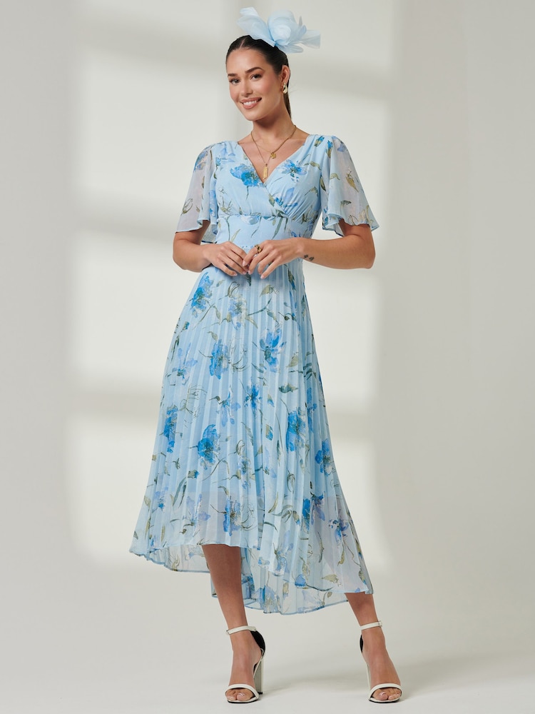 Jolie Moi Black & Pink Floral Pleated Dip Hem Chiffon Maxi Dress - Image 1 of 6