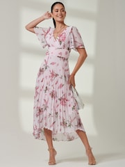 Jolie Moi Light Pink Floral Pleated Dip Hem Chiffon Maxi Dress - Image 1 of 5