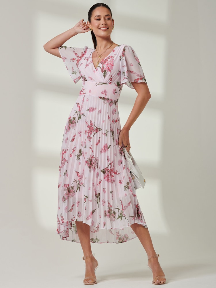 Jolie Moi Light Pink Floral Pleated Dip Hem Chiffon Maxi Dress - Image 1 of 5