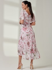 Jolie Moi Light Pink Floral Pleated Dip Hem Chiffon Maxi Dress - Image 2 of 5