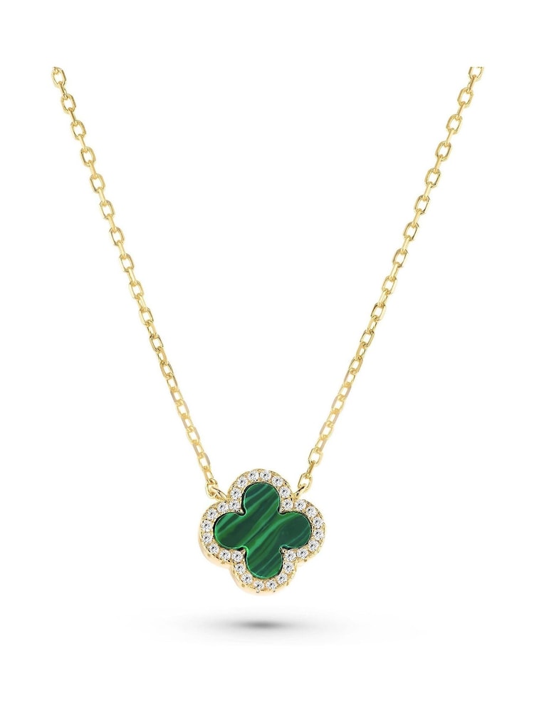 Beaverbrooks Gold Plated Cubic Zirconia Malachite Clover Necklace - Image 1 of 5