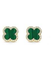 Beaverbrooks Gold Plated Cubic Zirconia Malachite Clover Earrings - Image 1 of 5