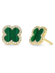 Beaverbrooks Gold Plated Cubic Zirconia Malachite Clover Earrings - Image 2 of 5