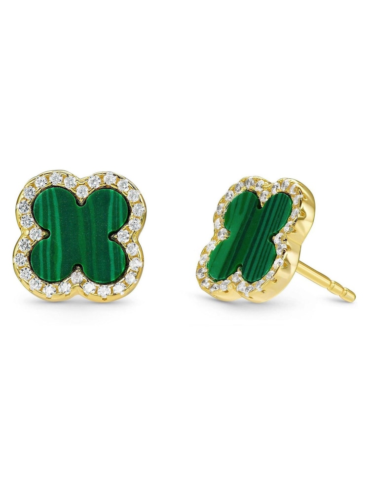 Beaverbrooks Gold Plated Cubic Zirconia Malachite Clover Earrings - Image 2 of 5