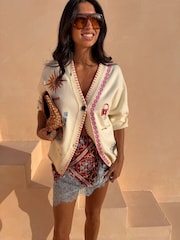 Never Fully Dressed Cream Embroidered Martha Cardigan in Dolce Vita Print - Image 1 of 3