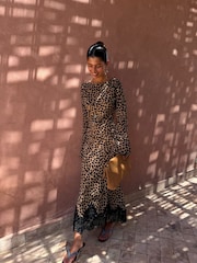 Never Fully Dressed Brown Petite Peite Lucia Leopard Print Dress - Image 1 of 4