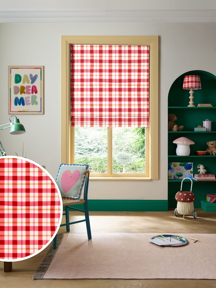 Wee Blue Bell Red Pink Strawberry Jam Check Made To Measure Roman Blinds - Image 1 of 7 Wee Blue Bell Red Pink Strawberry Jam Check Made To Measure Roman Blinds - Image 1 of 7