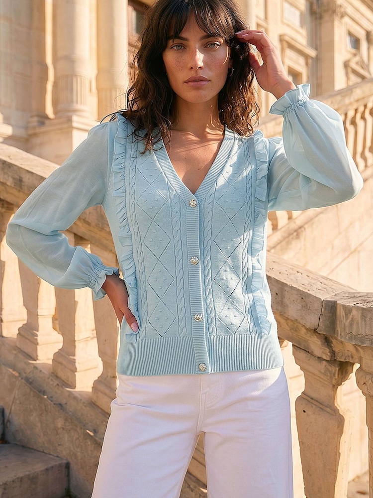 Roman Blue Woven Sleeve Knit Blouse - Image 1 of 4