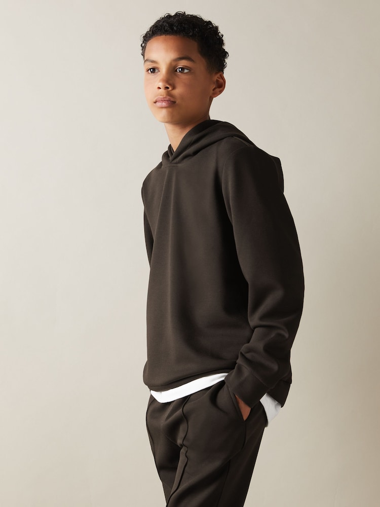 Reiss Chocolate Brown Fabien 9-14 yrs Interlock Jersey Hoodie - Image 1 of 4