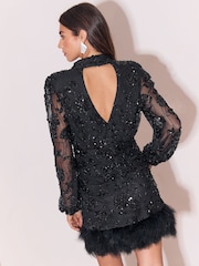 Lipsy Black Long Sleeve Sequin Feather Hem Mini Dress - Image 3 of 5