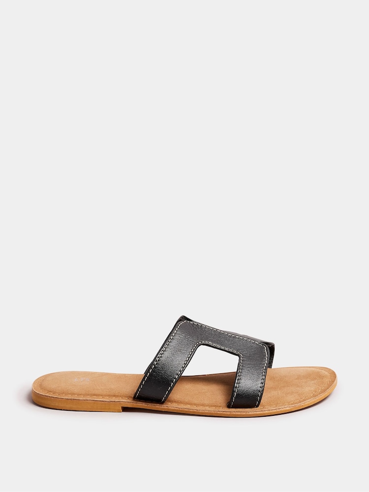 Long Tall Sally Black Tan Leather Cut Out Mule Sandals In Standard Fit - Image 2 of 5