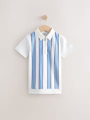 Ecru White/Blue Vertical Stripe Zip Neck Short Sleeve 100% Cotton Polo Shirt (3-16yrs) - Image 1 of 4