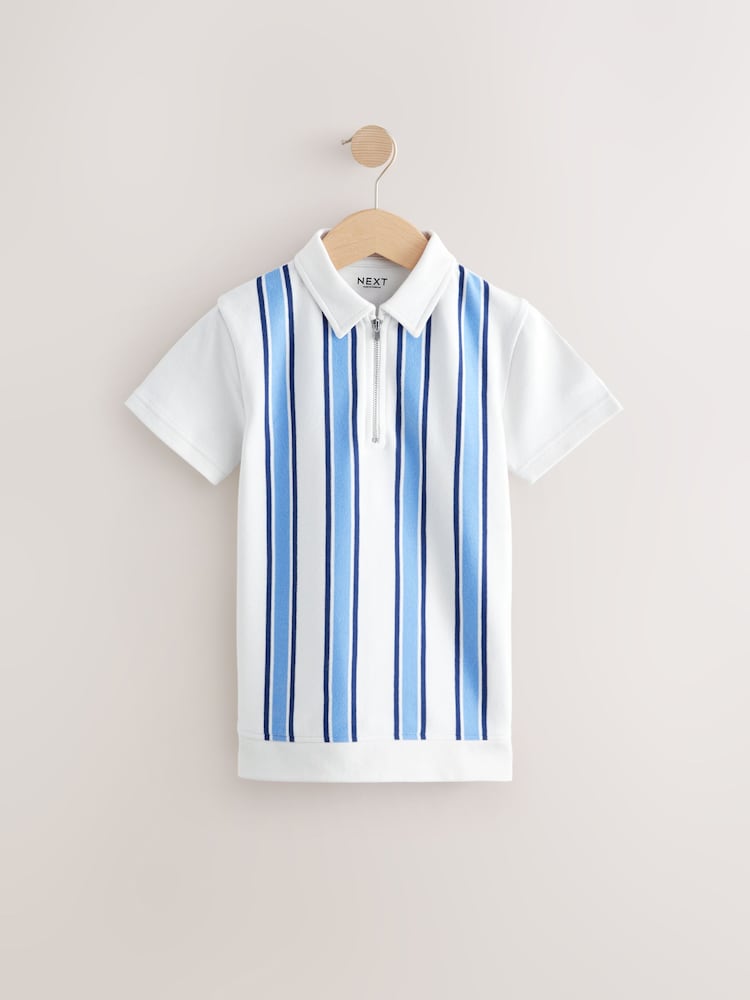 Ecru White/Blue Vertical Stripe Zip Neck Short Sleeve 100% Cotton Polo Shirt (3-16yrs) - Image 1 of 4
