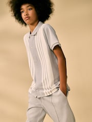 Grey/White 100% Cotton Stripe Button Through Short Sleeve Polo Shirt (3-16yrs) - Image 1 of 7