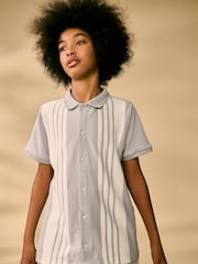Grey/White 100% Cotton Stripe Button Through Short Sleeve Polo Shirt (3-16yrs) - Image 2 of 7