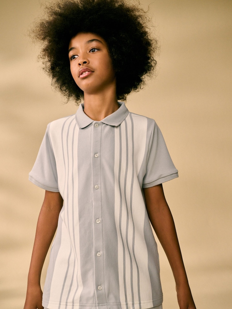 Grey/White 100% Cotton Stripe Button Through Short Sleeve Polo Shirt (3-16yrs) - Image 2 of 7