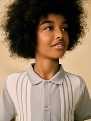 Grey/White 100% Cotton Stripe Button Through Short Sleeve Polo Shirt (3-16yrs) - Image 4 of 7