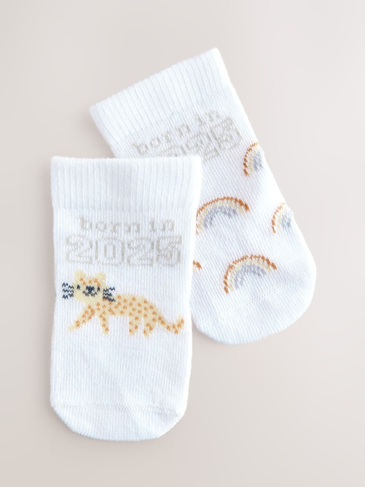 White Born In Born in 2025 Baby Socks 2 Pack (0-12mths) - Image 1 of 3
