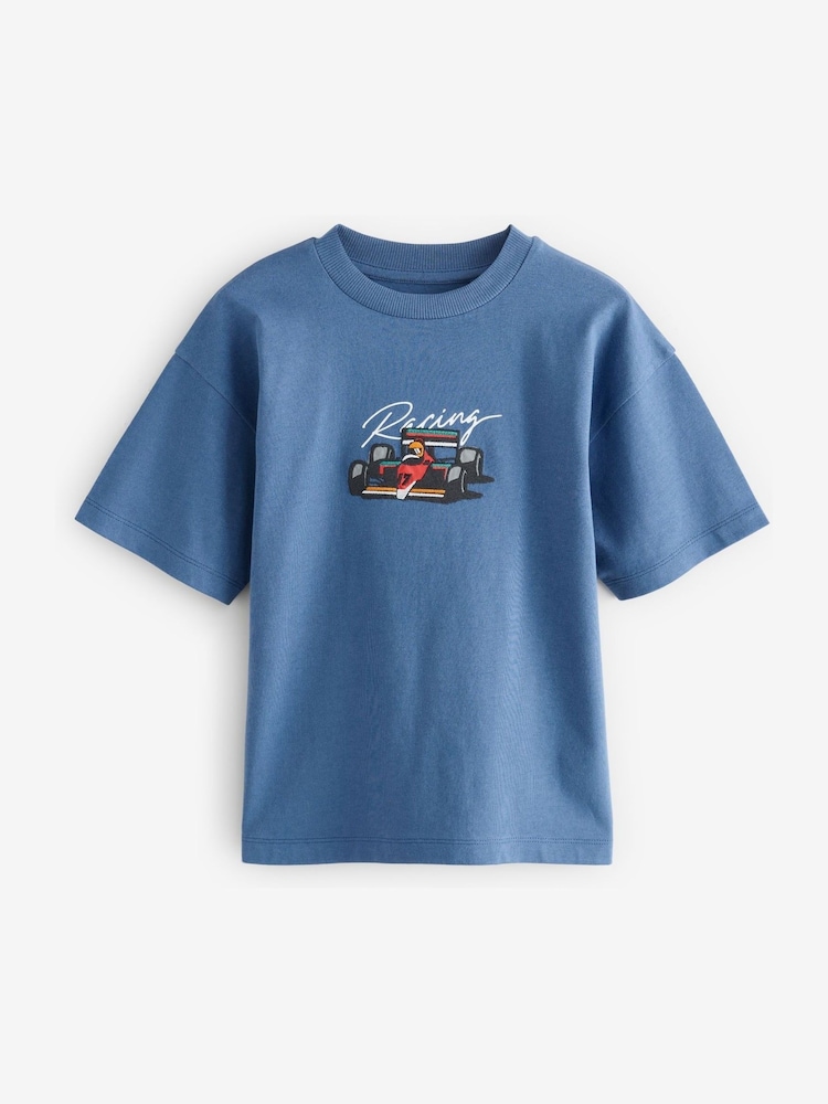 Blue Embroidery Racing Car Relaxed Fit Short Sleeve Graphic Print T-Shirt (3-16yrs) - Image 1 of 4