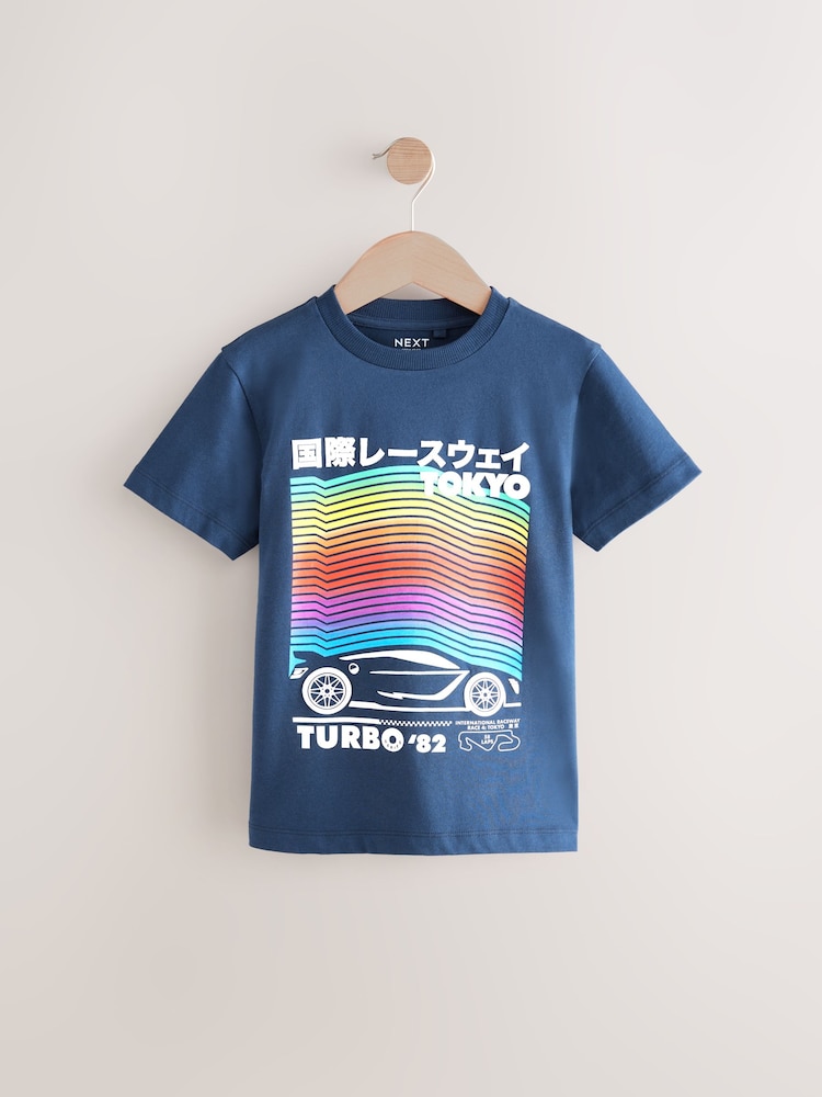 Navy Blue Rainbow Car Short Sleeve Graphic Print T-Shirt (3-16yrs) - Image 1 of 4