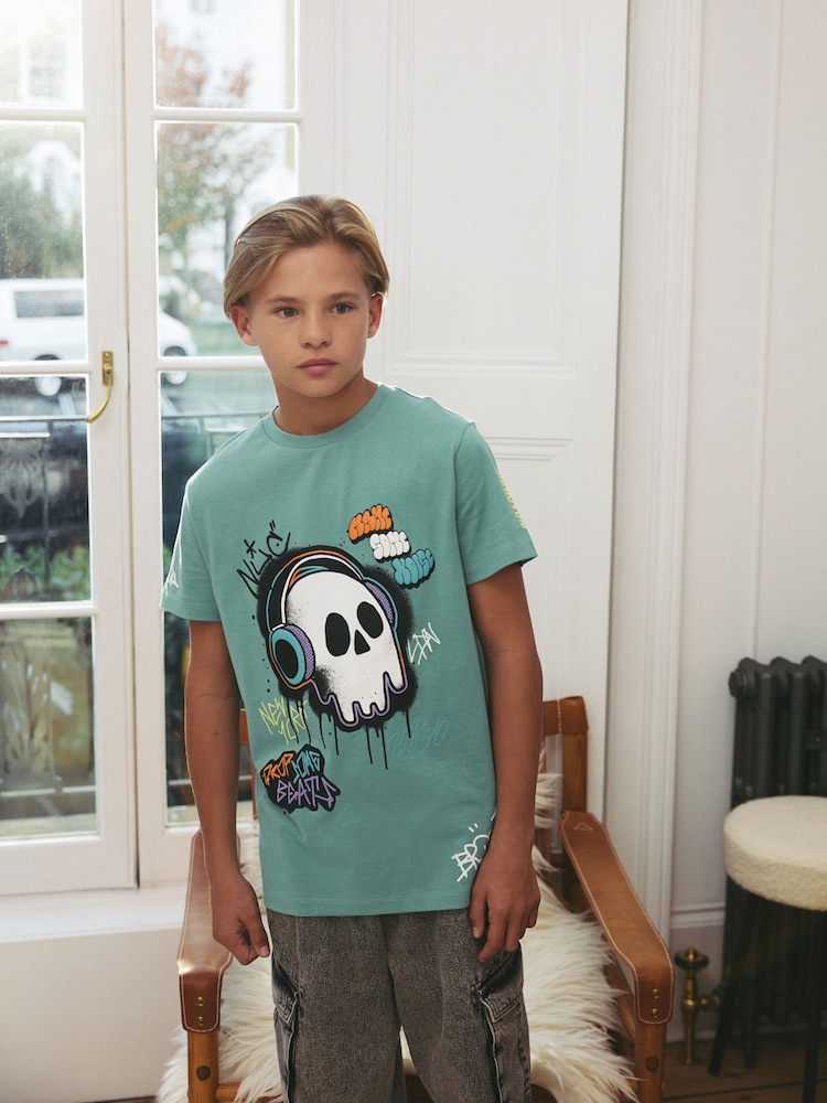 Green Graffiti Skull Regular Fit Short Sleeve Graphic 100% Cotton T-Shirt (3-16yrs) - Image 1 of 8