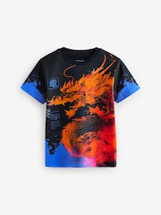 Black/Orange Dragon Regular Fit Short Sleeve All-Over Print 100% Cotton T-Shirt (3-16yrs) - Image 1 of 4