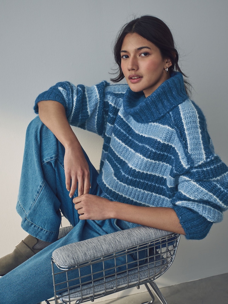 Blue Chambray Chunky Rib High Roll Neck Knitted Jumper with Alpaca - Image 1 of 4