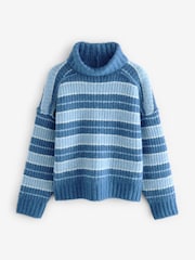 Blue Chambray Chunky Rib High Roll Neck Knitted Jumper with Alpaca - Image 2 of 4