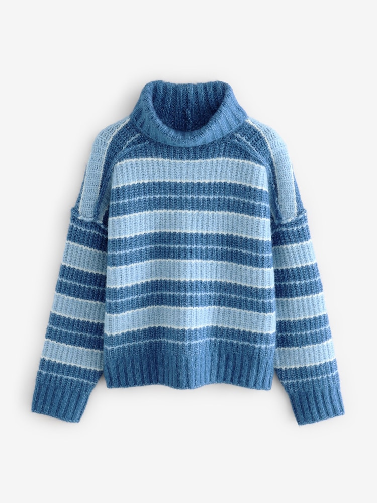 Blue Chambray Chunky Rib High Roll Neck Knitted Jumper with Alpaca - Image 2 of 4