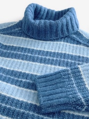 Blue Chambray Chunky Rib High Roll Neck Knitted Jumper with Alpaca - Image 3 of 4