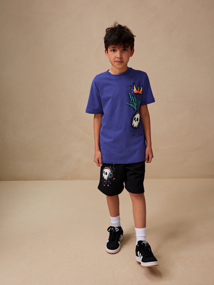 Black/Purple Grafitti Regular Fit Graphic Regular Fit Short Sleeve T-Shirt and Shorts Set (3-16yrs) - Image 1 of 7