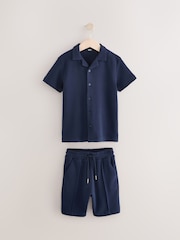 Navy Blue Textured Revere Collar Short Sleeve Shirt and Shorts Set (3-16yrs) - Image 1 of 5