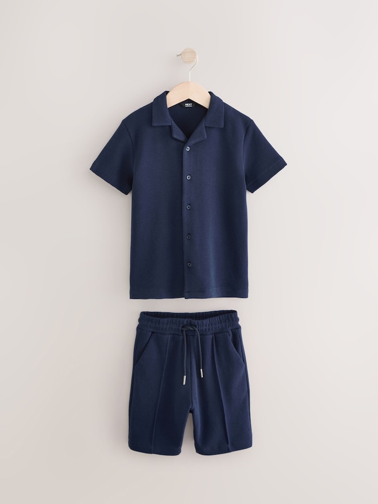 Navy Blue Textured Revere Collar Short Sleeve Shirt and Shorts Set (3-16yrs) - Image 1 of 5