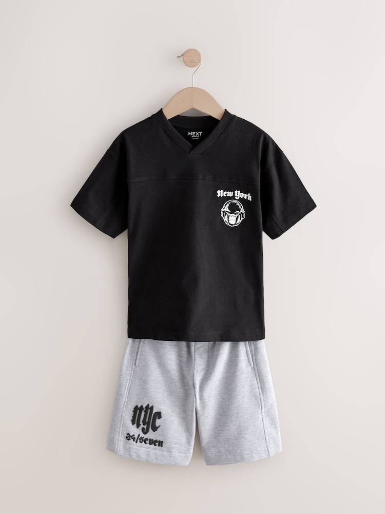 Black/Grey New York Relaxed Fit Short Sleeve T-Shirt and Shorts Set (3-16yrs) - Image 1 of 6
