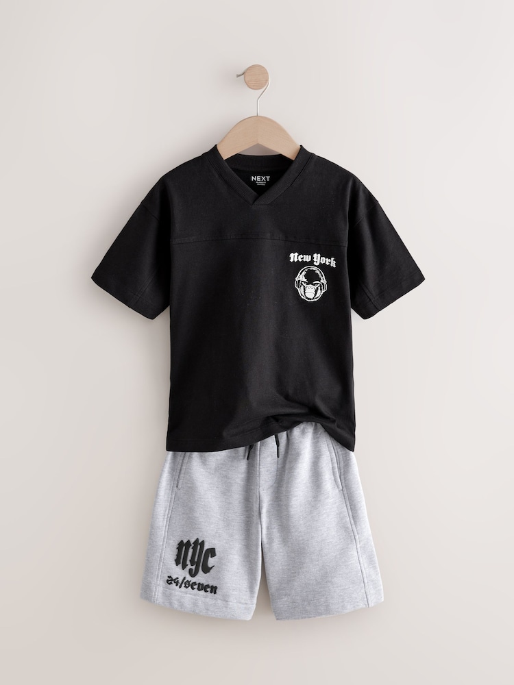 Black/Grey New York Relaxed Fit Short Sleeve T-Shirt and Shorts Set (3-16yrs) - Image 2 of 6