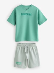Mineral Green/Grey Subscribe V-Neck Short Sleeve T-Shirt and Shorts Set (3-16yrs) - Image 2 of 5