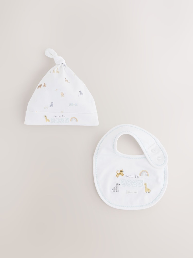 White Born in 2025 Hat and Bib Baby Set 2 Piece (0-12mths) - Image 1 of 5