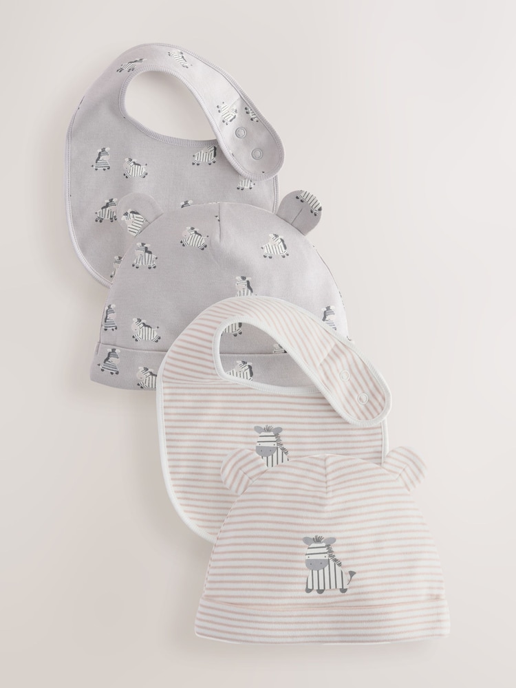 Zèbre gris/neutre - Beanie and Bib Baby Set 4 Piece (0-12mths) - Image 1 of 7