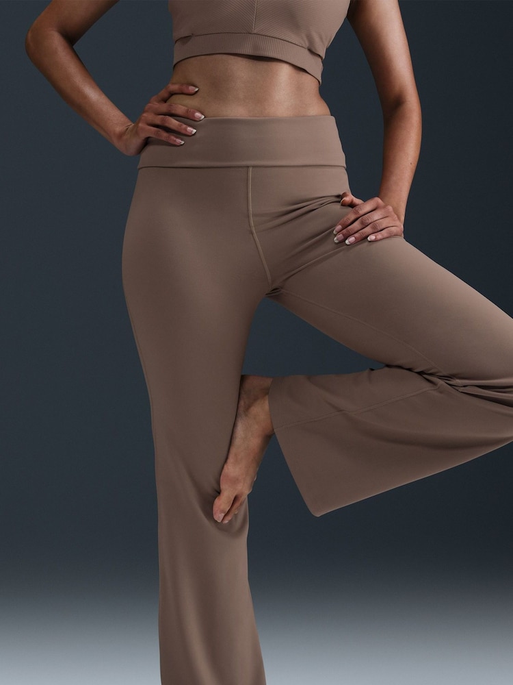 Nike Mink Brown One High Waisted Fold Over Flared Leggings - Image 4 of 7