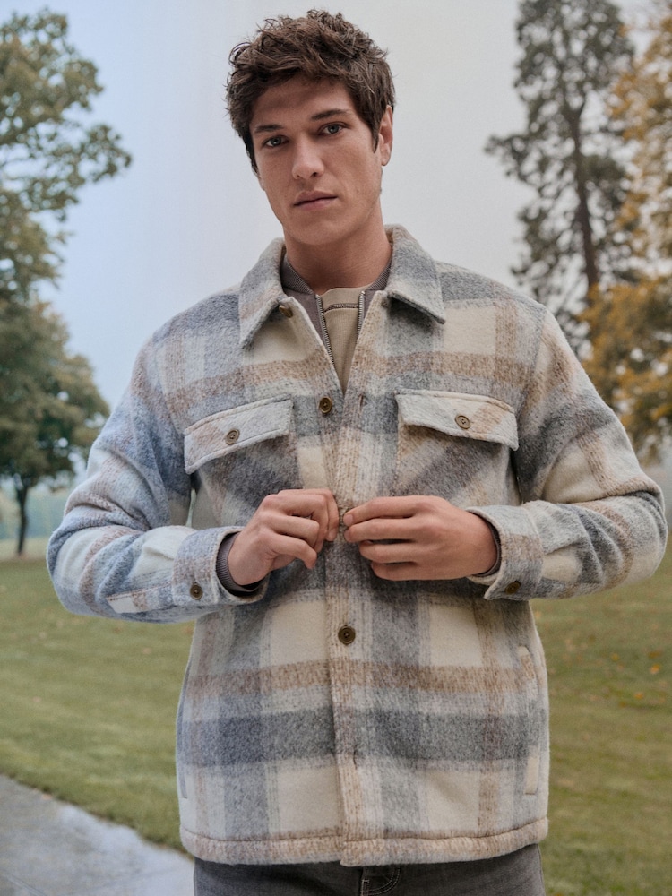 Light Grey Borg Lined Check Shacket - Image 1 of 13