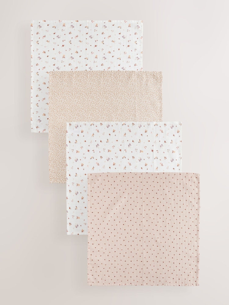 Blümchenmuster - Baby-Spucktücher aus 100 % Baumwoll-Mussselin im 4er Pack - Bild 1 von 7 Blümchenmuster - Baby-Spucktücher aus 100 % Baumwoll-Mussselin im 4er Pack - Bild 1 von 7