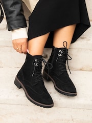 Linzi Black Suede Ashleigh Lace Up Biker Boots - Image 1 of 5