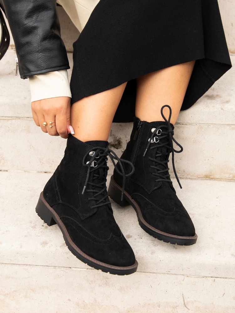 Linzi Black Suede Ashleigh Lace Up Biker Boots - Image 1 of 5