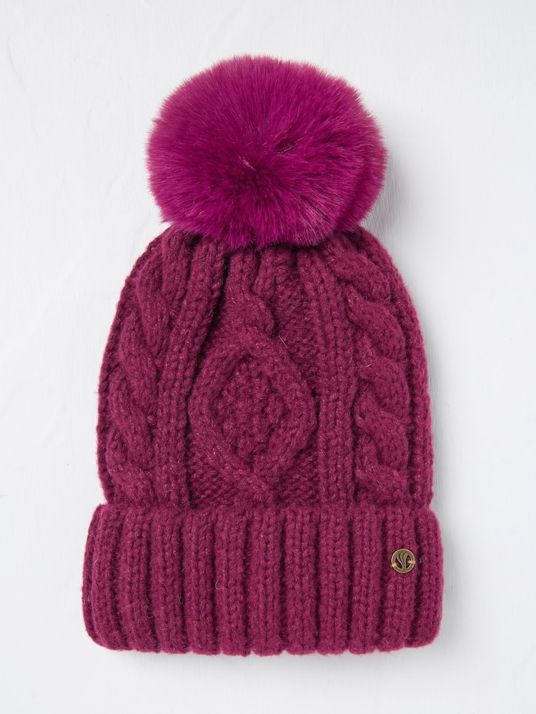 FatFace Dark Red Billie Cable Bobble Hat - Image 1 of 2