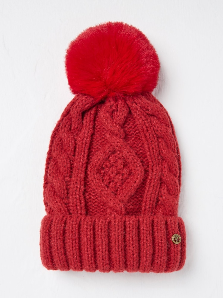 FatFace Red Billie Cable Bobble Hat - Image 1 of 2